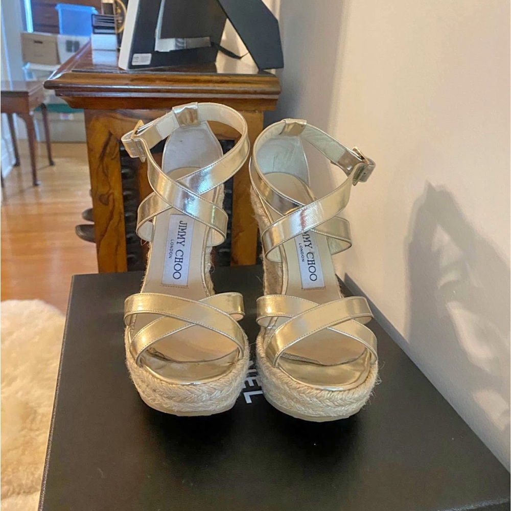 Jimmy Choo Gold Espadrille Sandals with Metallic Finish